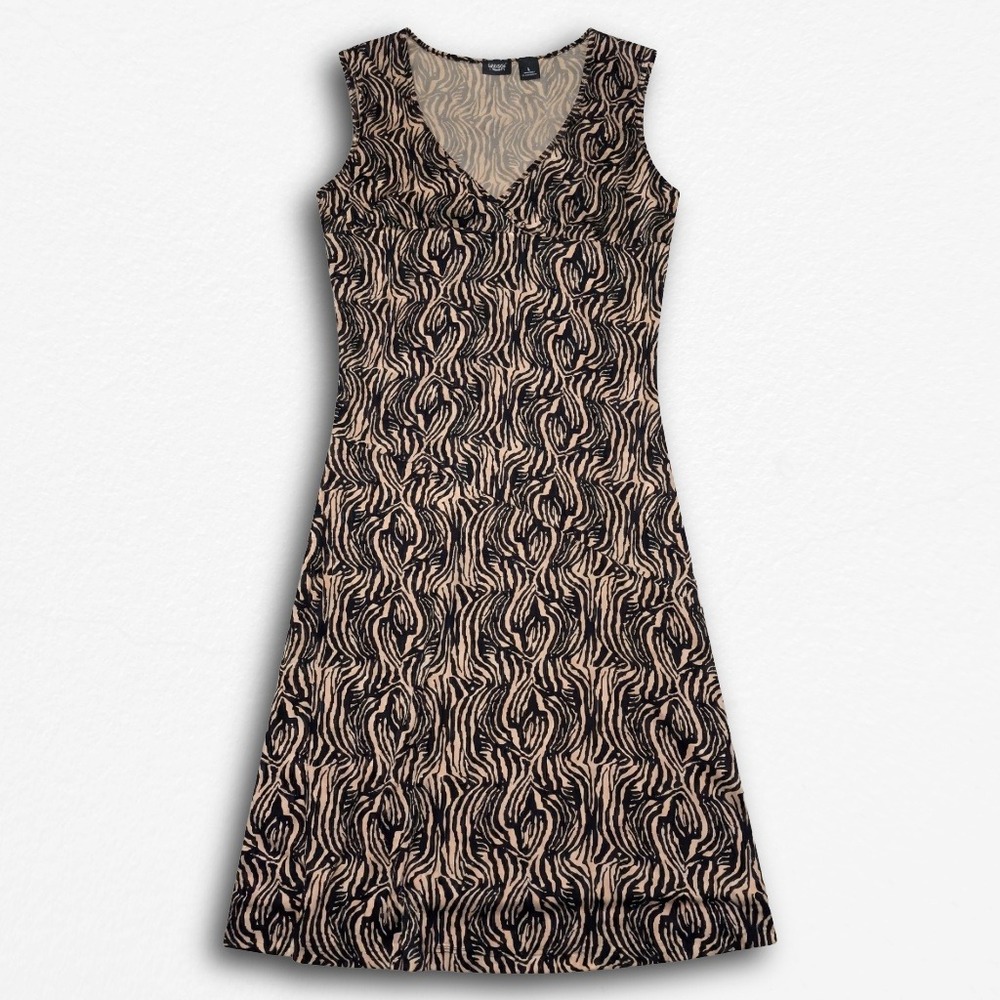 Mossimo Womens Sleeveless V-Neck Midi Dress Tan Black Abstract Zebra Print